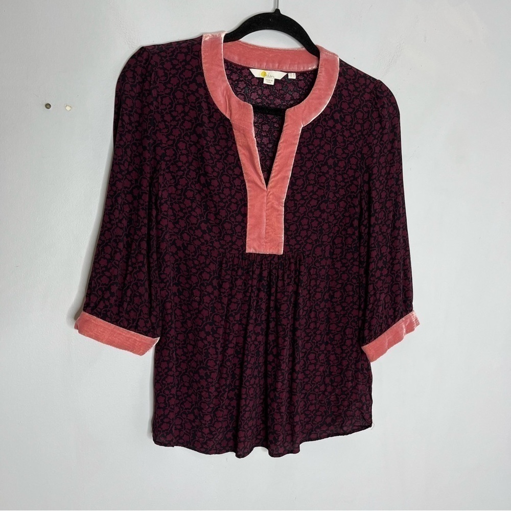 Boden US Size 4 Velvet Trim 3/4 Sleeve Floral Blouse